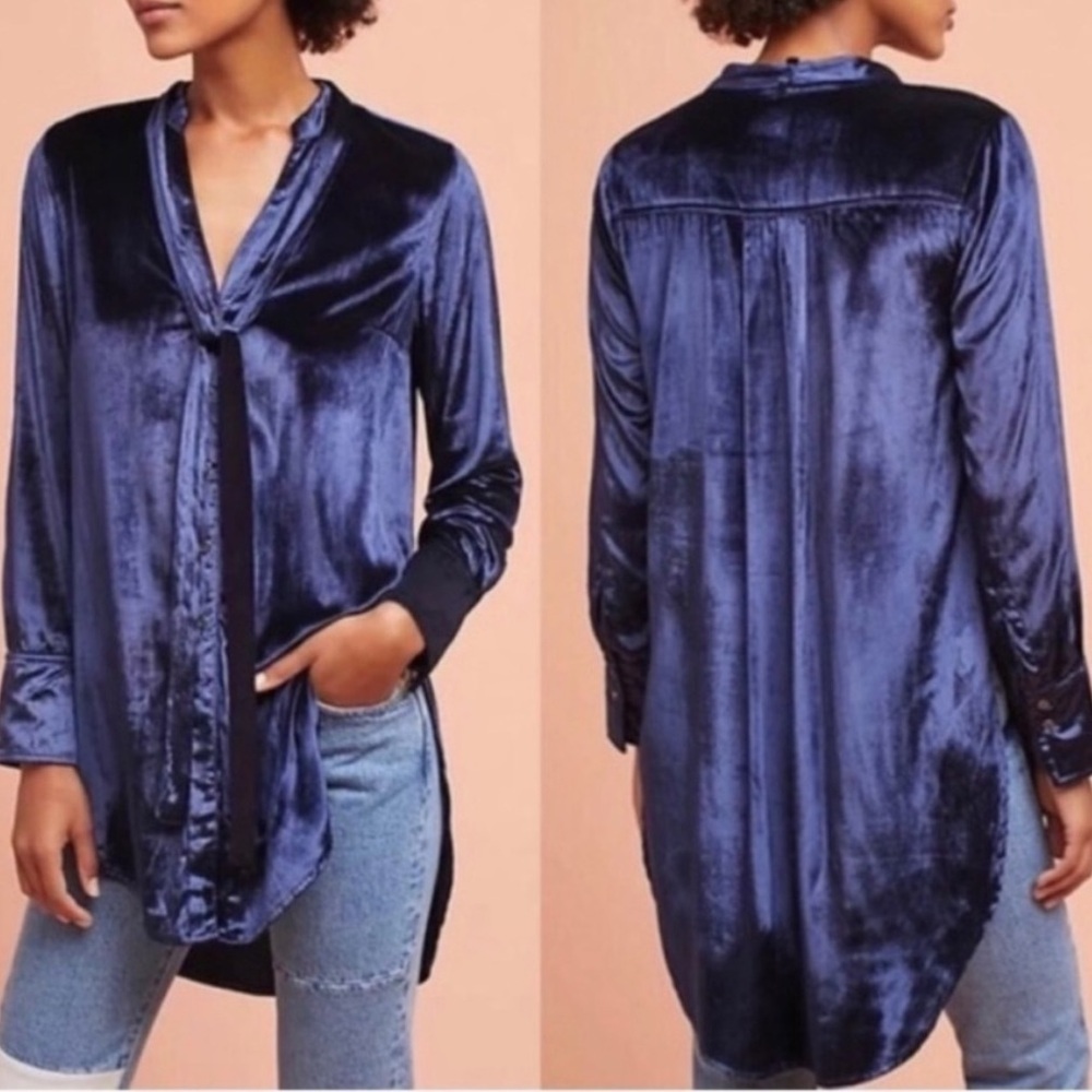 Anthropologie Maeve Blue Velvet Tie-Neck Button down Tunic Size 8 Top Formal